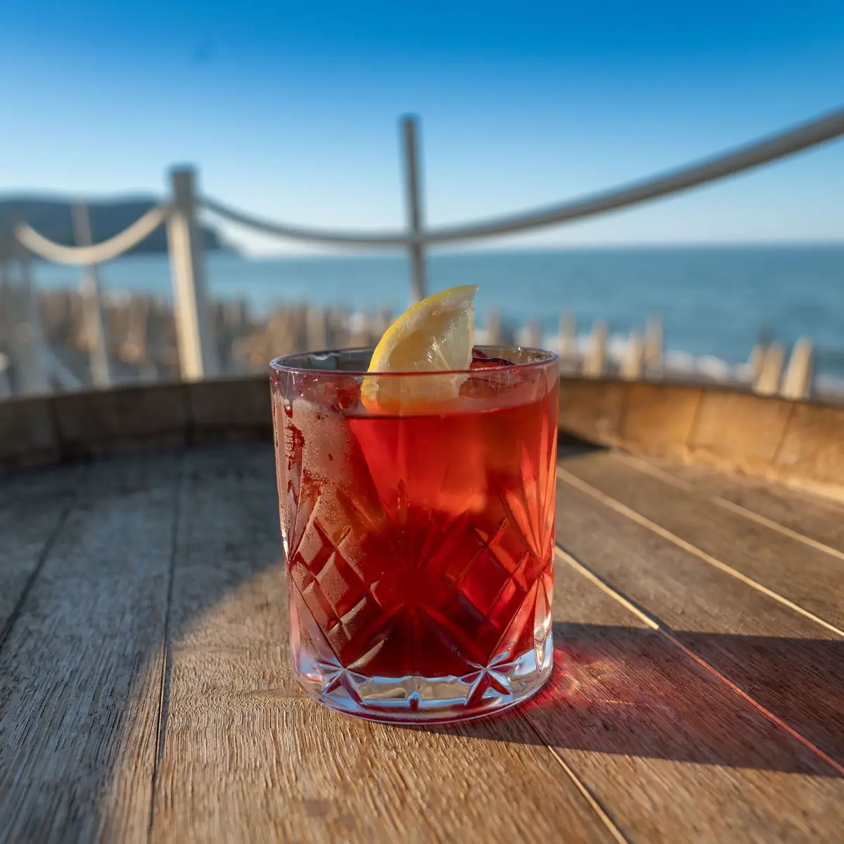 Cocktail rosso con fetta di limone su una botte di legno, mare e ombrelloni sullo sfondo